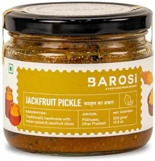 Barosi Authentic Jackfruit Pickle 300 g | Spicy And Tangy Flavor | Chemical-Free | No Preservatives | kathal ka achar Ready to eat Pickles | Glass Jar