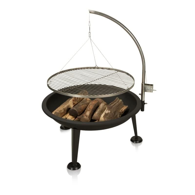Fire pit with hanging grill Camelot – diameter: 80cm – height: 120 cm – with gallows, grill in stainless steel and fire bowl in untreated steel with 3 legs fire bowl