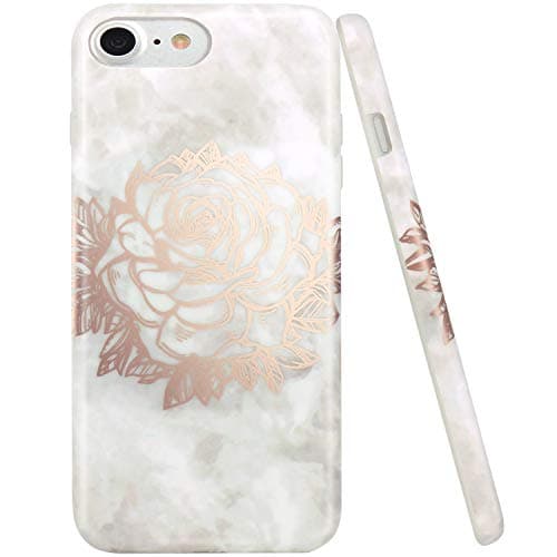 JAHOLAN iPhone 7 Case Shiny Rose Gold Rose Marble Design Clear Bumper TPU Soft Rubber Silicone Cover Phone Case for Apple iPhone 7 / iPhone 8
