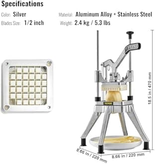 VEVOR Commercial Vegetable Fruit Chopper 1/2″ Blade Heavy Duty Professional Food Dicer Kattex French Fry Cutter Onion Slicer Stainless Steel for Tomato Peppers Potato Mushroom, Sliver