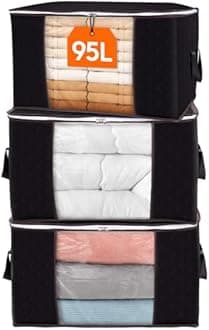 Lifewit 3 Pack 95L Clothes Storage Bags Large Storage Box with Lid Packing Boxes for Moving House with Reinforced Handle Thick Fabric Clear Window for Clothes Duvet Blankets Bedding, Black