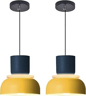 2-Lights Mid Century Pendant Light,Kitchen Island Nordic Hanging Lights Yellow Colorful Drum Shade Unique Aluminum Dome Lampshade Adjustable Pendant Light Schoolhouse Light Fixture