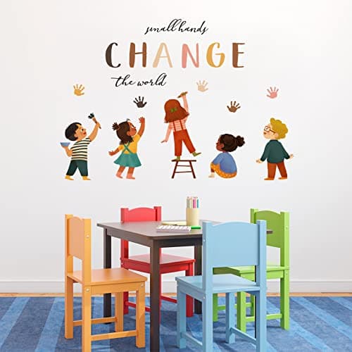 Mfault Small Hands Change The World Equality Wall Decals Stickers, Inspirational Quote Diversity Handprint Nursery Classroom Decorations Kids Bedroom Art, Toddlers Room Preschool Daycare Library Decor