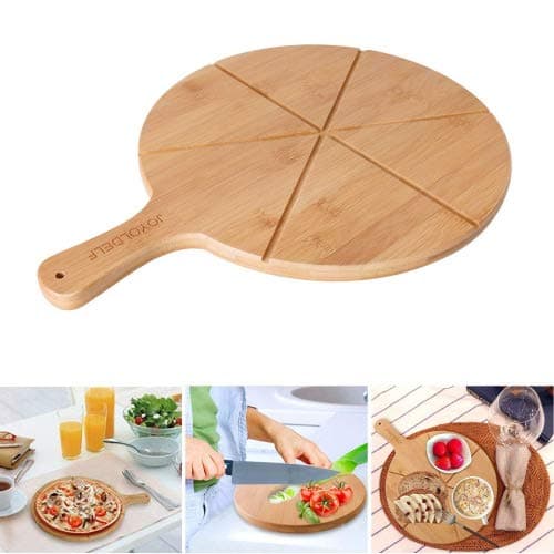 Pizza Peel Paddle -Joyoldelf Natural Bamboo Pizza Stone Paddle With 6 Grooves, Pizza Cutting Board -Perfect for Serving Cheeses, Bread & Pizzas, 11.8" Diameter