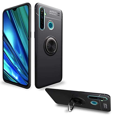 Spazy Case® Realme 5 / Realme 5s / Realme 5i Sleeek Rubberized Case with Chrome Plating Ring Stand Back Cover Case Designed for Realme 5 / Realme 5s / Realme 5i (Black)