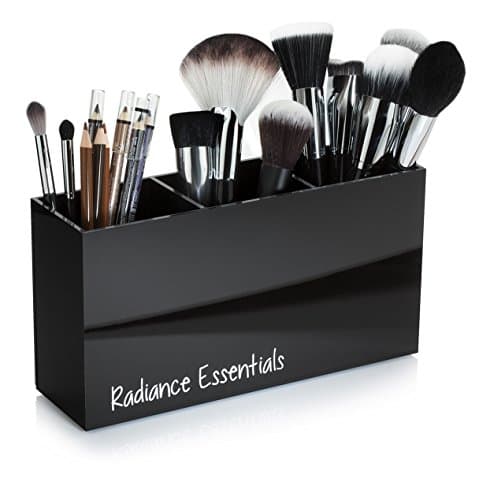 Makeup Brush Holder Organizer. Extra Tall for Large Cosmetic Brush Storage with Deep Sections, Dividers and Bottom Grippers. Make Up Brush Organizer and Hair Tools Acrylic Storage - 3 Section
