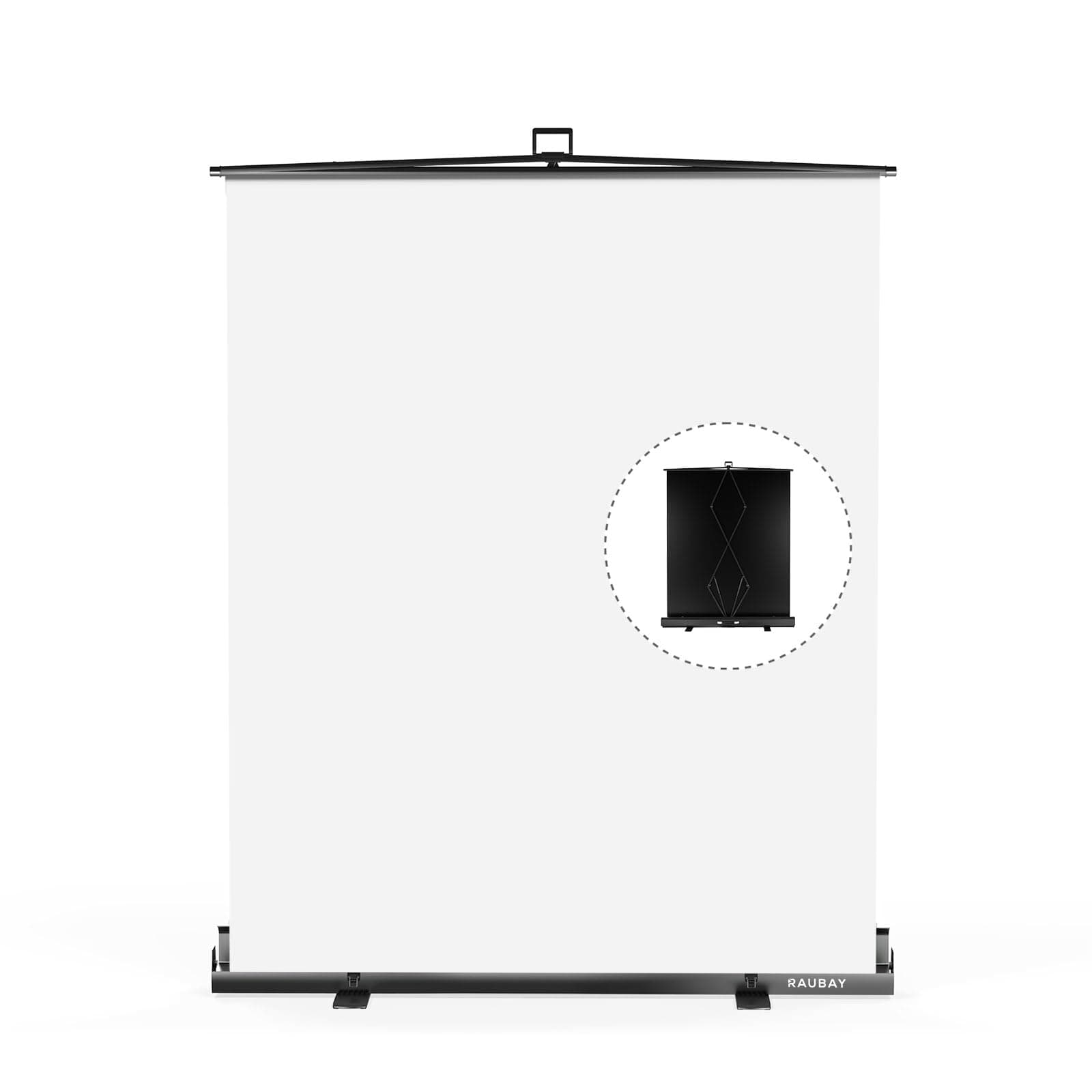 – 【Easy Set Up】 RAUBAY 59.8 x 82.7in Collapsible White Backdrop Screen Portable Retractable Panel Photo Background with Stand for Video Conference, Photographic Studio, Streaming