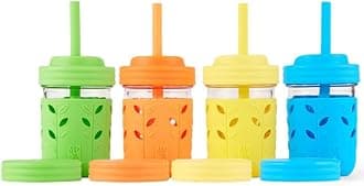 Elk and Friends Kids + Toddler Glass Cups | The Original 8oz Glass Mason Jar with Sleeves + Lids | Silicone Straws + Stopper | Smoothie Cup | Food Storage | Spill Resistant | Dishwasher Safe | 4 Pack