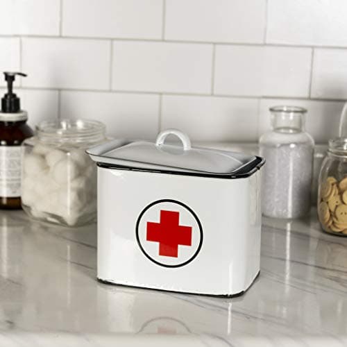 VIPSSCI White Enamel First Aid Box with Lid Vintage Inspired Metal Enamelware First Aid Storage Container