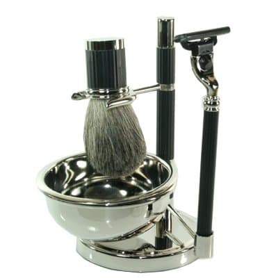 Bey Berk Shaving Shave Set BB22 Mach 3 Razor Badger Brush w/ Soap Dish on Stand Black Silver Plated