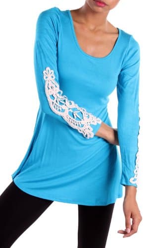 Women's Solid Top with Crochet Elbows Shirt Color Aqua Size: Large
