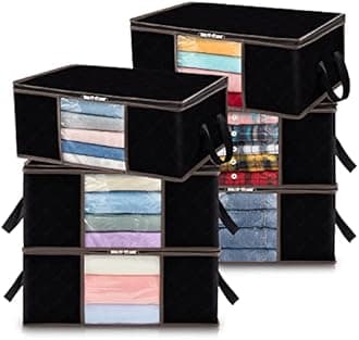 Lifewit 6 Pack Clothes Storage Bag, Foldable Storage Bin Closet Organizer with Reinforced Handle, Sturdy Fabric Blanket Storage with Clear Window, Storage Containers for Clothing, Bedding, Black