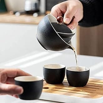 Youngky Porcelain Chinese Ceramic Gongfu Tea Set,Portable Travel Tea Set with 360 Rotation Tea maker and Infuser, All in One Gift Bag for Travel,Home,Gifting,and Office (black)