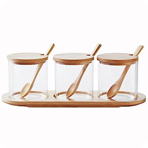 Condiment Containers with lids 3 pack Seasoning Box Condiment Pots Jars with Spoons Container for Spice Salt Sugar Cruet (bamboo 1set)
