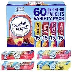 Crystal Light On-The-Go Powdered Drink Mix Variety Pack - lemonade, fruit punch, raspberry lemonade & wild strawberry - By Obanic (60 Count) 6.3 Ounce