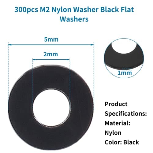 Bivethoi 300pcs M2 Nylon Flat Washers, 2mm ID 5mm OD 1mm Thickness Plastic Spacer, Sealing Insulating Washer for Water Hose Faucet Pipe