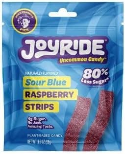 Joyride Sweets Blue Raspberry Candy Strips, 80% Less Sugar - 3.5oz, Gummy Strips, Gummy candy strips, Candy Belts, Sour Candy Strips.