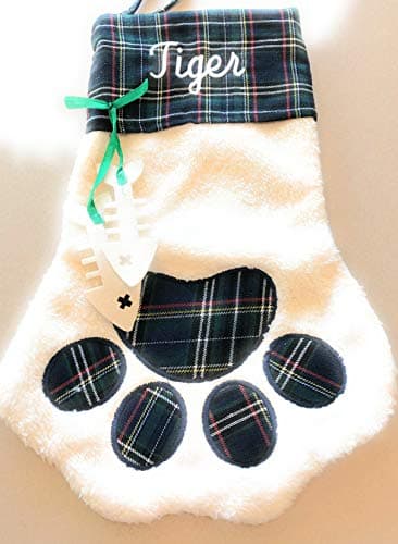 3D Personalized Embroidered Plaid Cat Paw Christmas Stocking (Blue Plaid-Cat)-Included 1 Stocking