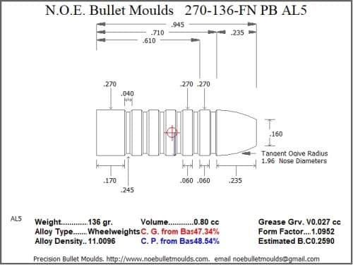Bullet Mold 2 Cavity Aluminum .270 Caliber Plain Base 136gr Bullet with a Flat Nose Profile Type. Designed for use in 6.