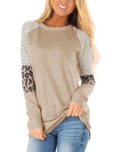 Women's Long Sleeve Leopard Color Block Tunic Comfy Stripe Round Neck T Shirt Tops