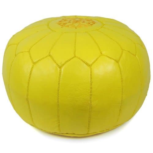 Mina Stuffed Moroccan Leather Pouf Ottoman, 20" Diameter and 13" Height (Yellow)