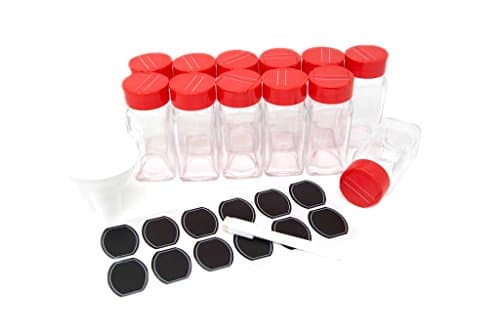 Glass clear square spice jars with sleek sifter lid 4oz in case of 12 by Nicole Jean including black chalkboard labels and pen