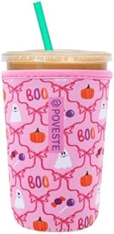Reusable Neoprene Insulator Sleeve for Iced Coffee & Cold Soda, Coffee Sleeves for Iced & Hot Drinks, Cold Beverage Cooler Compatible with Starbucks, Dunkin (Bow Halloween, Medium: 22-24oz)