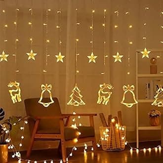 Desidiya Plastic 2.5 Meter Reindeer, Tree, Bell & Star LED Curtain String Lights - 8 Flashing Modes, Warm White Festive Window Curtain Lights for Christmas Décor and Holiday Ambience