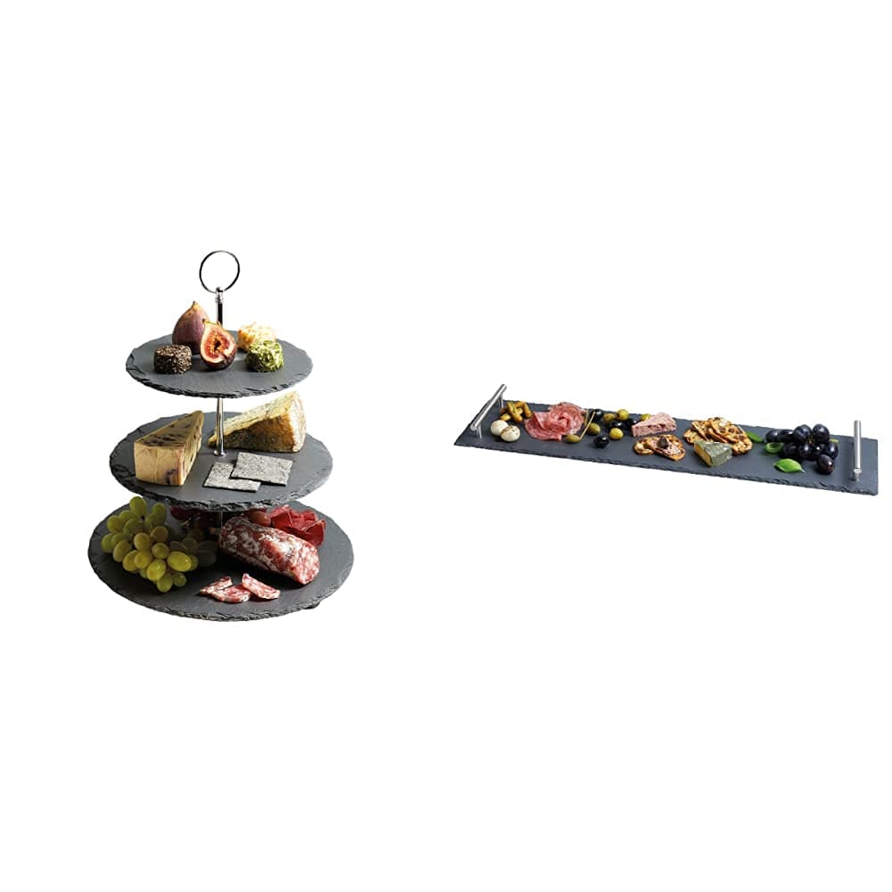 Artesà Three Tier Slate Cake Stand Serving Set, Cake Standing Set, 28.5x34.5cm, Gift Boxed & Tableware, Slate Serving Platter With Brushed Metal Handles, 60 x 15cm, With Gift Box