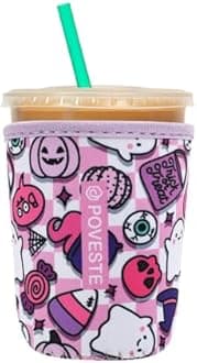 Reusable Neoprene Insulator Sleeve for Iced Coffee & Cold Soda, Coffee Sleeves for Iced & Hot Drinks, Cold Beverage Cooler Compatible with Starbucks, Dunkin (Checkerboard Halloween, Small: 16-18oz)