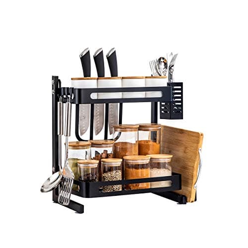 TOLEAD 2 Tier Spice Rack Kitchen Counter Organizer Heavy Duty Multifunctional Seasoning Storage Shelf with 3 Extra Side Hooks for Knife Block, Cutlery, Utensil and Board Holder, Black