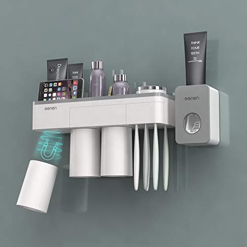 BHeadCat Automatic Toothpaste Dispenser with Toothbrush Holder Wall-Mounted, Space Saving Toothbrush Organizer Toothpaste Squeezer, with Transparent Suction Cups and Cosmetic Drawers (3 Cups-1)