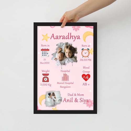 Ibgyor Store Personalized Baby Memory Collage Frame | Customizable with Baby’s Name Birth Details and Photos | Ideal for Baby Showers Newborn Gifts First Birthday Keepsake -BLCKSPLSHGIRLBORN(12x18)