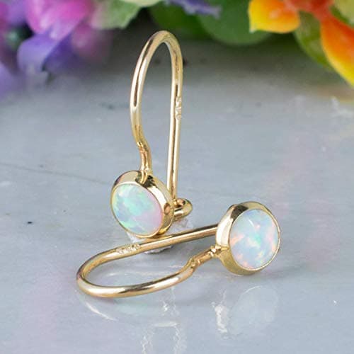 White Opal Drop Earrings - Dainty 14K Solid Yellow Gold, 4mm Opal October Birthstone Tiny Drop Dangle Earrings with Cute White Gemstones - Small Handmade Jewelry Gift for Young Women