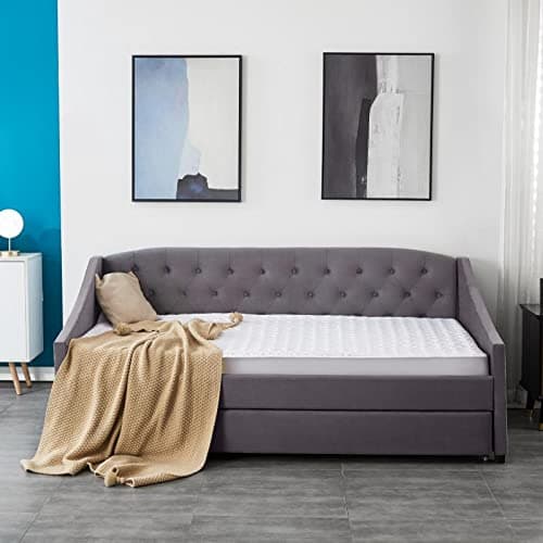 KOSY KOALA Velvet Grey Daybed 3ft Single Sofa Bed With Underbed Trundle Living Room Bedroom Furniture Guest Day Bed Upholstered Fabric Sofabed