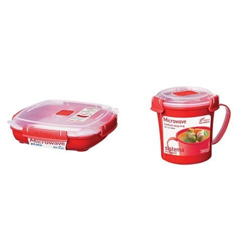 Sistema Microwave Plate with Removable Steaming Tray, Red/Clear, 880 ml & Microwave Soup Mug, 656 ml - Red/Clear