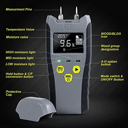 Digital Moisture Meter, Water Leak Detector, Moisture Tester, Pin Type, Backlit LCD Display With Audible and Visual High-Medium-Low Moisture Content Alerts