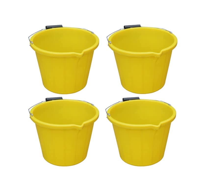 (𝐒𝐞𝐭 𝐨𝐟 𝟒) Yellow 14 Litre Plastic Builders Buckets 3 Gallon Water Storage Cement Mixing Bucket with Strong Metal Handle Construction Animal Feeding Car Wash Cleaning Bucket For Home Garden