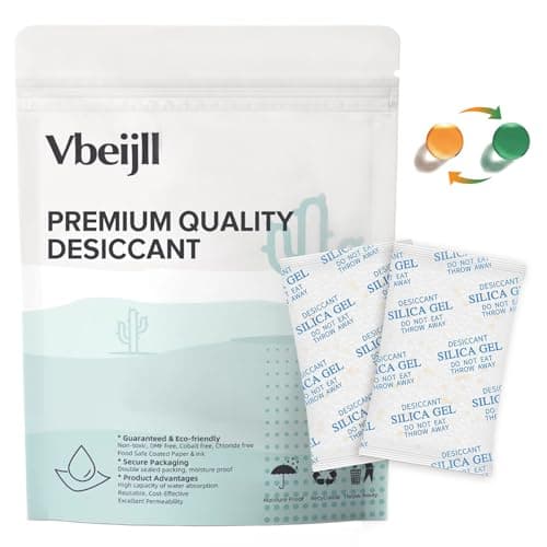 Vbeijll Premium 5 Gram 50 Pcs Desiccant Silica Gel Packets with Color Indicating - Rechargeable Moisture Absorbers for Food Grade Silica Packets for Foods, Seeds, 3D Filaments, Electronics, Safes