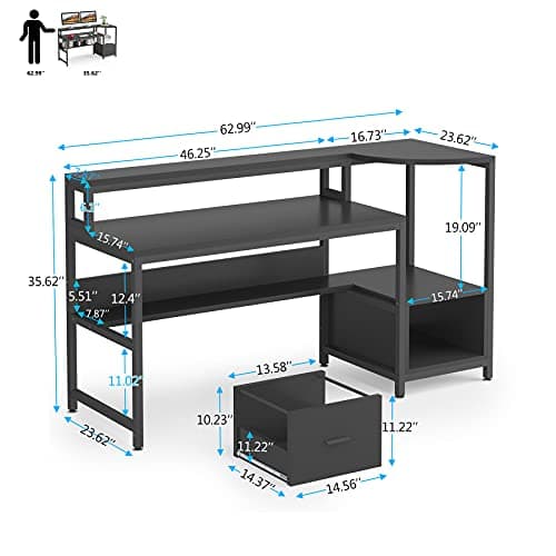 Tribesigns Computer Desk with Hutch and Storage Shelves, 63” Modern Home Office Desk with Monitor Stand File Drawer Writing Table Workstation for Home Office (Black)