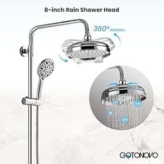 gotonovo Exposed Bathroom Shower Faucet Set Wall Mount Chrome Polished 8 Inch Round Shower Head Dual Cross Handle with ABS Adjustable Handheld Sprayer Triple Function with Tub Spout