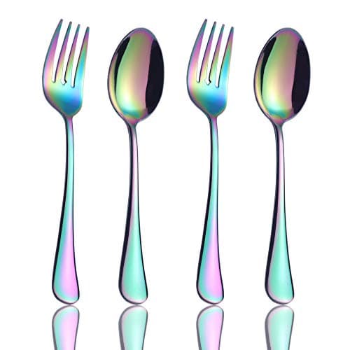 Onlycooker Serving Spoons and Serving Forks Set 4 Piece, Rainbow Large Flatware 18/10 Stainless Steel Dinner Serveware Long 8.7-Inch Hostess Set Serving Utensils Big Silverware for Buffet Party