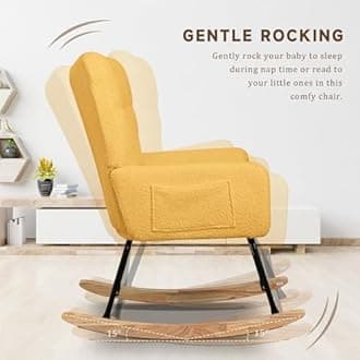 SoarFlash Nursery Rocking Chair Teddy Fabric Glider Chair Upholstered Rocker Accent Armchair with High Backrest and Solid Wood Legs for Nursery Bedroom Living Room Office(Yellow)
