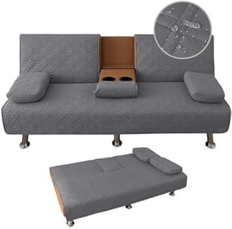 4 Pieces Click Clack Sofa Bed Cover 3 Seater, Quilted Convertible Folding Cover with 2 Removable Armrests and 1 Holders Covers (Grey)