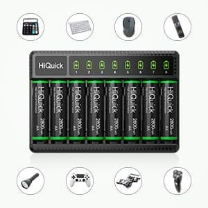 HiQuick 8 x AA Rechargeable Batteries with AA AAA Battery Charger, 8-Bay LED Battery Charger with 8 Counts AA 2800mAh Rechargeable Batteries, Rechargeable Batteries and Battery Charger Combo