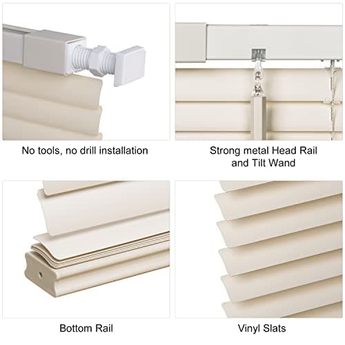 LazBlinds No Tools No Drill 1" Vinyl Mini Blinds, Cordless Blinds for Windows, Light Filtering Horizontal Window Blinds & Shades, 38" W x 48" H, Cream