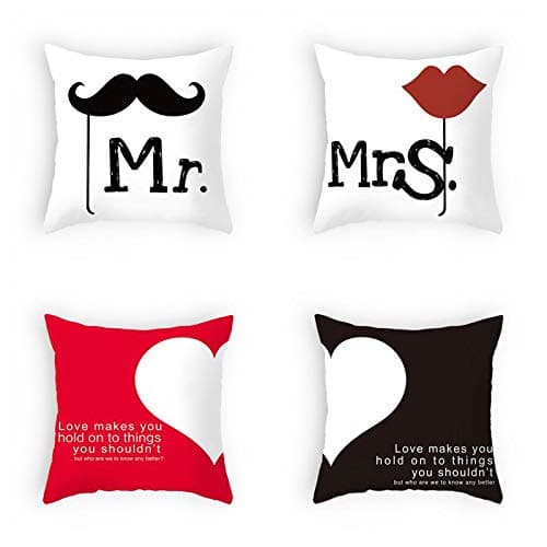 OATHENE Set of 4 Throw Pillow Covers,Black Beard Red Sexy Lips Mouth,Mr & Mrs Love Heart,Wedding Gifts for Couples Linen Cushion,Sofa Bedroom Car Home Decor,18 x 18 Inch.1338