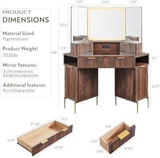T4TREAM 48" Fluted Makeup Vanity Desk with HD Triple Mirror and Lights, Large Lighted Corner Vanity with Glass Top, Modern Dressing Table with 3 Drawers & 2 Cabinets for Bedroom, Walnut