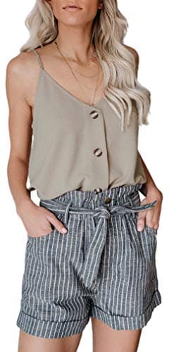 Aixy Women's Casual Spaghetti Strap Button Down Shirt V Neck Sleeveless Blouses Tank Tops,Apricot,S