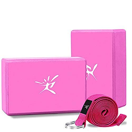 Risefit Yoga Blocks 2 Pack with Yoga Strap,High Density EVA Yoga Blocks 9”x6”x3”,7.5FT Cotton Yoga Strap to Improve Strength, Flexibility and Balance, for Yoga, Pilates, Workout, Fitness & Gym